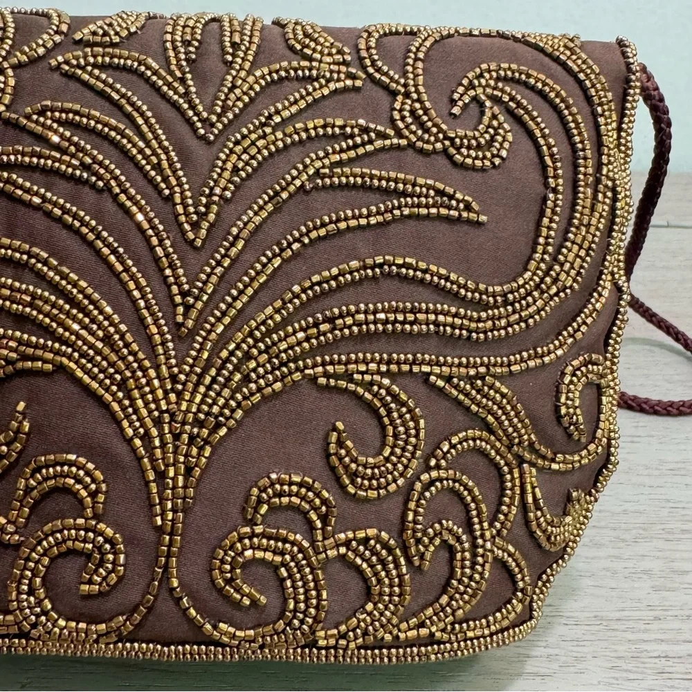 Vintage Walbaeg Beaded Brown Satin Evening Bag Dressy Formal Purse Crossbody‎